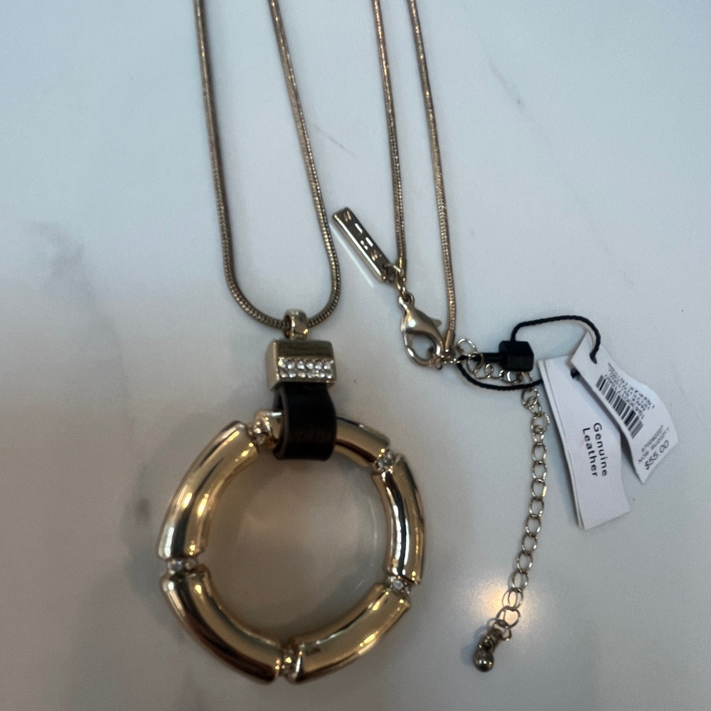 NWT White House Black Market Pendant Rhinestones & Leather Goldtone Necklace